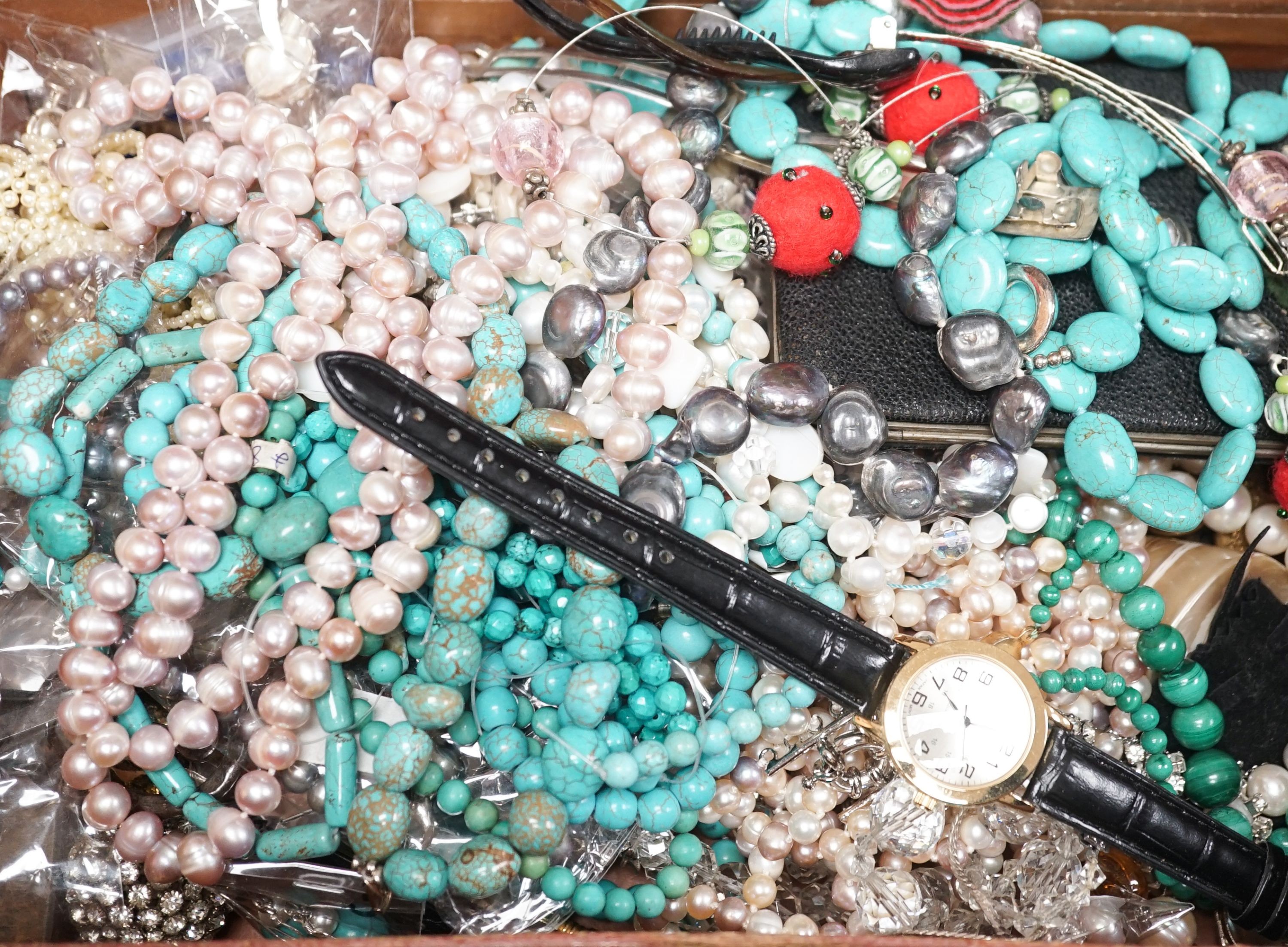 A quantity of mixed mainly costume jewellery including 925, marcasite set and necklaces including freshwater pearl and malachite.